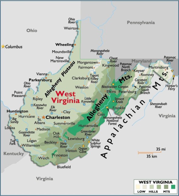 Map of West Virginia, USA