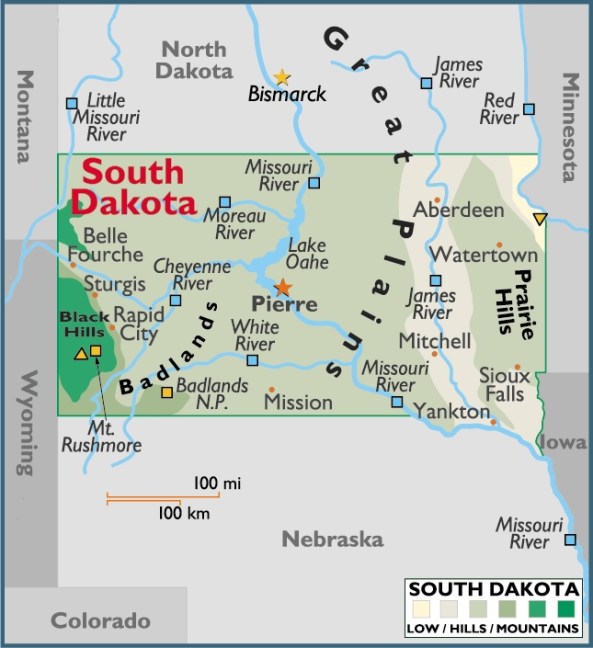 Map of South Dakota, USA